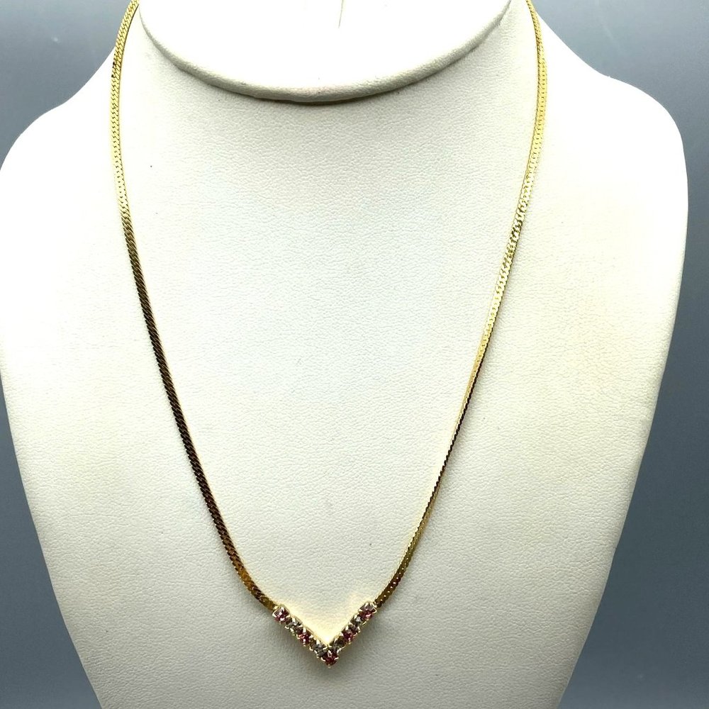 Flat Chain V Necklace with Pink and Clear Round Crystals, Vintage Chevron Choker